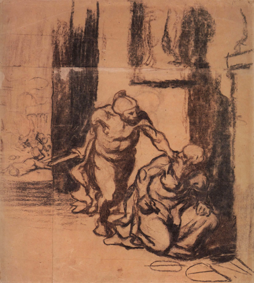 A charcoal drawing of an ancient soldier gripping a man's shoulder as he crouches on the ground