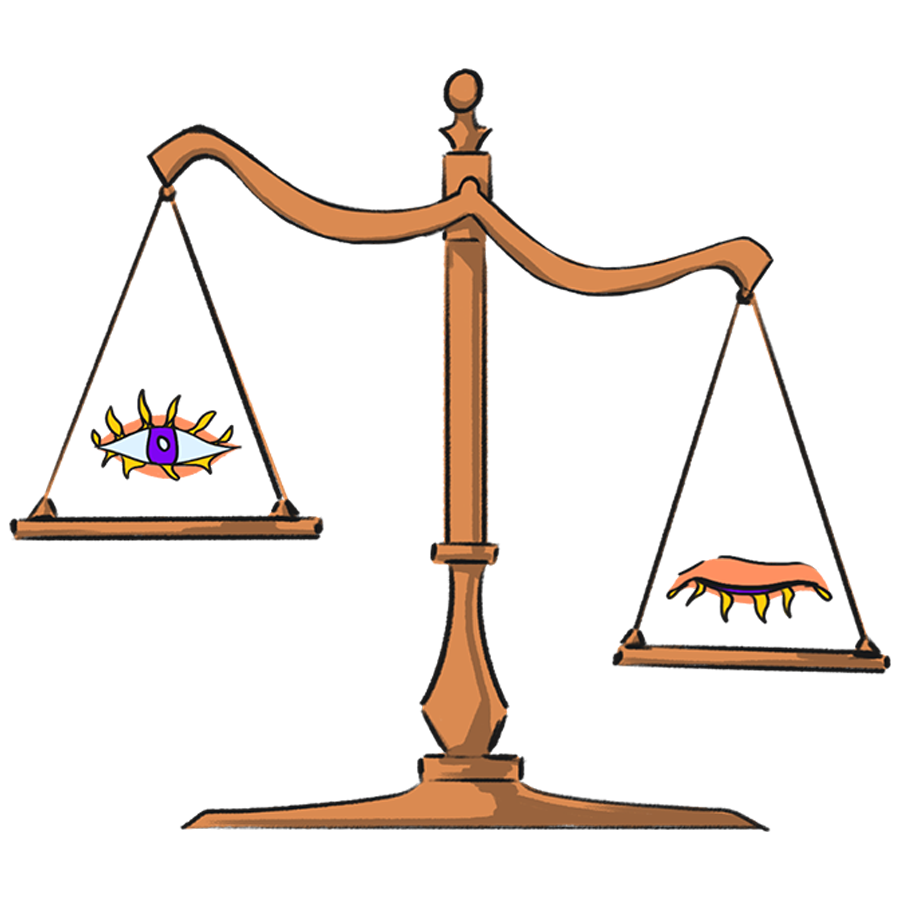 Scales of Justice, with an open eye on one scale and a closed eye on the other. The closed eye is weighing down the open one.