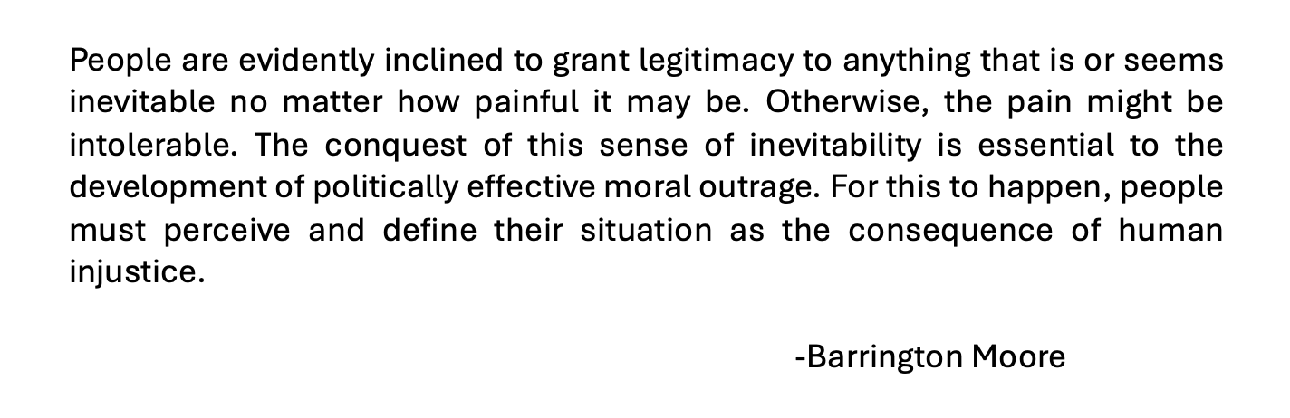 Quote from Barrington Moore: People are evidently inclined to grant legitimacy ....